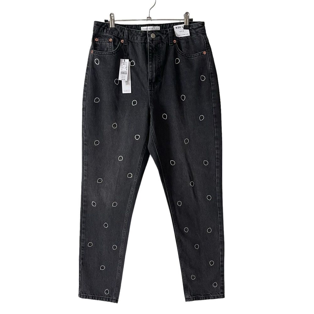 Topshop 30 Alien Applique Mom Jeans Black High Rise Bling NWT Rhinestones